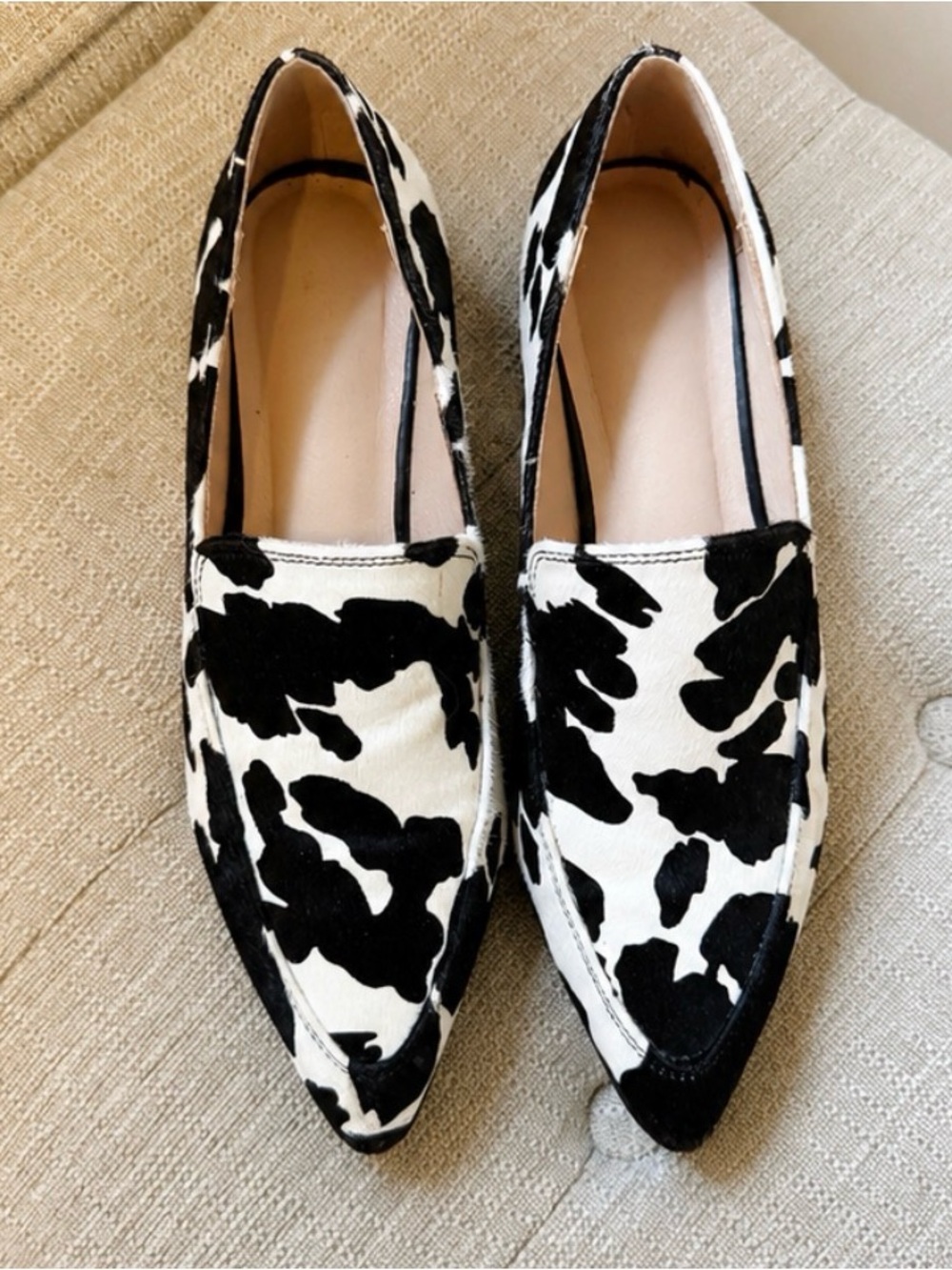 Women’s Black and White Cow Print Pointed Toe Flats